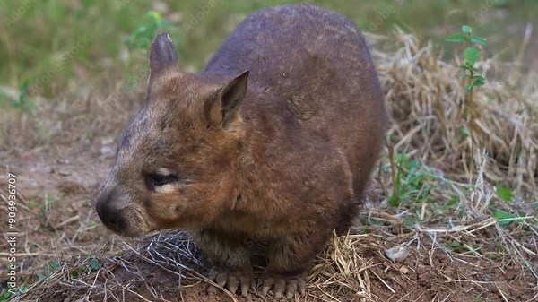 Southern hairy-nosed wombat, a short-legged, muscular quadrupedal marsupial, moving down the slope in the wild, close up shot of native Australian wildlife species.