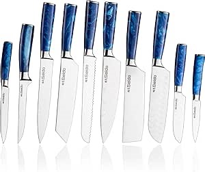 Seido Knives Tengoku Blue 10-Piece Chef Knife Set – Handmade High-Carbon Stainless Steel Blades, Resin Epoxy Handles, Ergonomic Balanced Professional Kitchen Knives