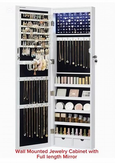 Wall mounted jewelry cabinet with full length mirror and lock, hanging jewelry organizer