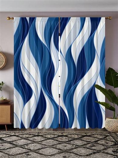 2pcs Abstract Geometric Blue & White Wave Pattern Printed Curtains, Rod Pocket Installation, UV Protection, Semi-Sheer Filtering Curtains, Polyester Material, Machine/Hand Washable - Modern Minimalist Living Room Bedroom Curtains, Easy Care, Suitable For Living Room, Kitchen, Bedroom, Cafe, Balcony And Garden Decor, Home Decoration. | SHEIN