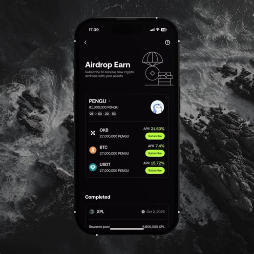 TOKEN2049 is a wrap 🫡 Back to fresh drops. $PENGU is now live on Airdrop Earn. Subscribe with OKB, BTC, or USDT to earn straight from your app 📲 | OKX