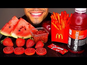 ASMR RED FOODS EDIBLE WATER BOTTLE EATING MCDONALD'S FRIES HOT CHEETOS OREOS FRUITS ORBEEZ MUKBANG