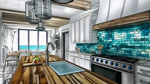 Stunning coastal kitchen design featuring a large wooden island and vibrant blue backsplash elements in a modern home