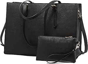 LOVEVOOK Laptop Bag for Women, Fashion Computer Tote Large Capacity, Leather Shoulder Bag Purse Set, Professional Business Work Briefcase for Office Lady 2PCs, Fit 15.6 Inch Laptop, Black
