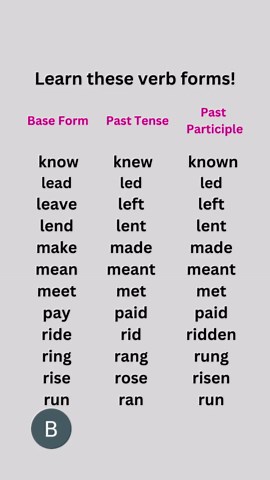 Here are more examples of verbs in their base form, past tense and past participle! Study them and make grammar easier... ^^ #studyenglishwithbecca #studyenglish #studyenglishonline #e3tutorsonline #e3 #englishgrammar #englishverbs #verbs #englishforkoreans #esl #영어 #영어공부 #영어쌤 #영어단어 #verbforms #pasttense #pastparticiple #baseformofverbs