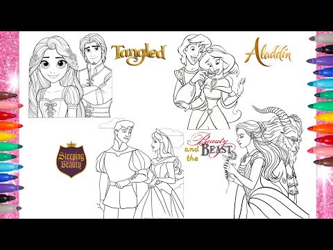 Disney's Iconic Partners Coloring Page | Tangled, Alladin, Sleeping Beauty & Beauty and the Beast