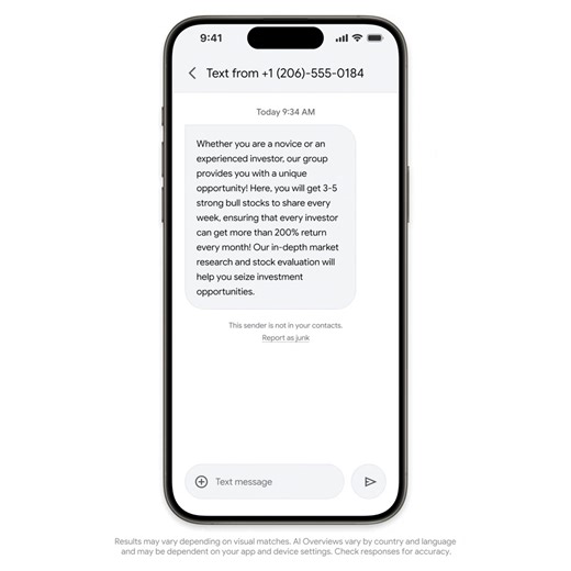 To help you spot scams in texts, messaging apps and more, we’ve now added new capabilities to Circle to Search and Lens that will help you see the telltale signs of a fraudulent message. Learn more → https://goo.gle/49O6fBC | Google