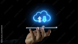 Businessman holding smartphone with hologram of cloud computing for download and upload database of business on hands. Global internet connection technology, digital marketing, Financial and big data.
