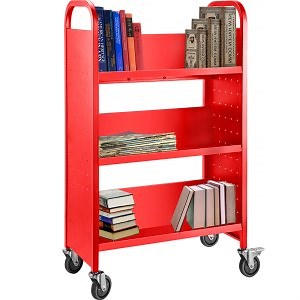 VEVOR Book Cart, 200LBS Library Cart, 49.2''x29.5''x13.8'' Rolling Book Cart, Single Sided V-Shaped Sloped Shelves with 4'' Lockable Wheels for Home Shelves Office School Book Truck, Red | VEVOR US
