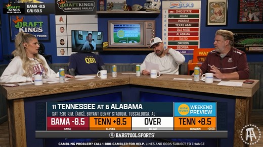 Two 5-1 teams with major playoff possibilities on the table. Presented by High Noon Sun Sips No.11 TENN vs. No.6 Bama(-8.5) Barstool College Football Show David Portnoy - El Presidente: TENN( 8.5) Big Cat: O(58.5) Brandon Walker: TENN( 8.5) & O(58.5) Big Ev: TENN( 8.5) & O(58.5) Kayce Smith: Bama(-8.5) | Barstool Sports