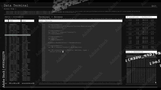Data Terminal UI revealing console after code blur, loading entities, showing encryption for audit