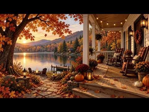 Peaceful Fall Cabin by the Lake | Cozy Autumn Ambience | Relaxing Music with leaves falling sounds