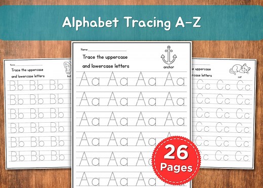 26 Printable Alphabet Tracing Worksheets A–Z | Letter Tracing Pages | Preschool–kindergarten Handwriting and Phonics Practice - Etsy