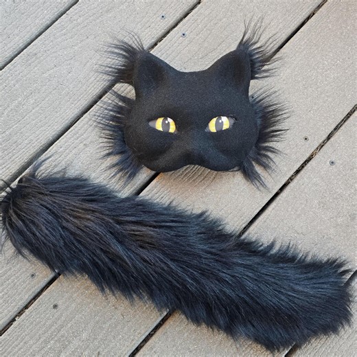 Therian Black Cat Mask Yellow Eyes or Custom Eye Color Faux Fur Tail - Etsy