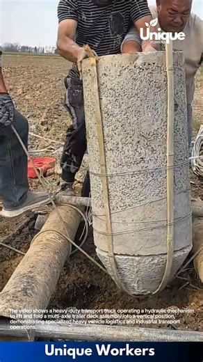 Construction Work: Workers Installing Concrete Rings for Well Construction in Field