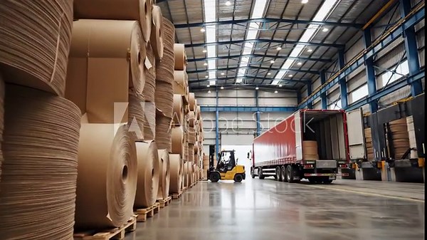 Kraft Paper Rolls in Warehouse - A well-lit warehouse shows a large shipment of brown Kraft paper rolls. A delivery truck is parked at a loading dock, while a forklift is seen moving more rolls.
