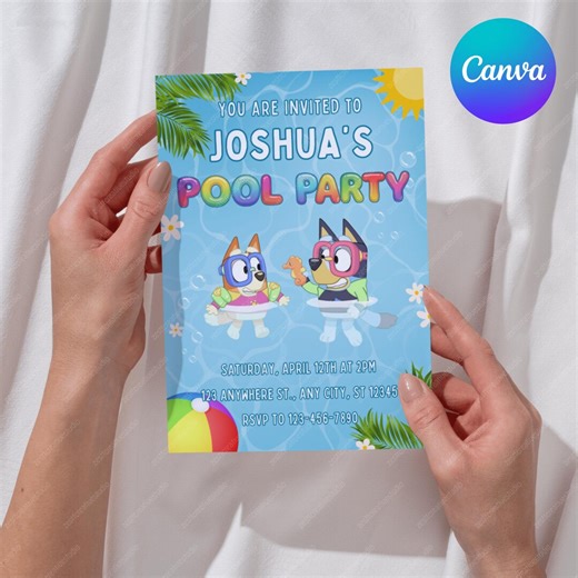 Bluey Pool Party Invitation | Bluey Birthday Invite | Bluey Swim Party Invite | Bluey Summer Birthday Template | Editable Bluey Party Invite - Etsy