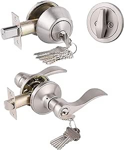 Gobrico Satin Nickel Keyed-Alike Door Levers and Single Cylinder Deadbolts Combination Sets Front Door Locksets, with Same Key, Locking Handle with Deadbolt Same Key, 2Pack