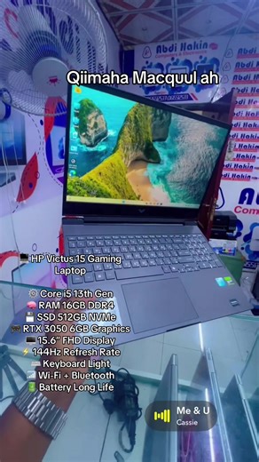 💻 HP Victus 15 Gaming Laptop ⚙️ Core i5 13th Gen 🧠 RAM 16GB DDR4 💾 SSD 512GB NVMe 🎮 RTX 3050 6GB Graphics 🖥 15.6” FHD Display ⚡ 144Hz Refresh Rate ⌨️ Keyboard Light 📶 Wi-Fi Bluetooth 🔋 Battery Long Life Processor-ka Intel Core i5-13420H wuxuu leeyahay 8 cores iyo 12 threads oo gaari kara ilaa 4.6 GHz, taasoo laptop-kan ka dhigaysa mid fiican gaming iyo editing