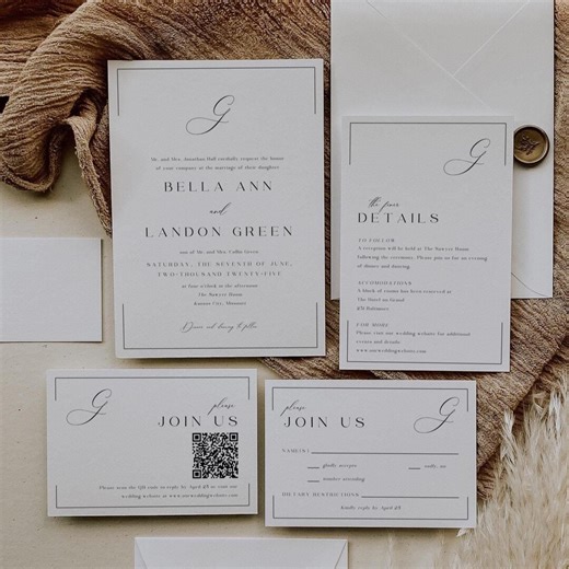 Monogram Wedding Invitations and QR Code, Invite Suite Template, QR Code RSVP, Details, Modern Minimalist, Editable Instant Download SS027 - Etsy
