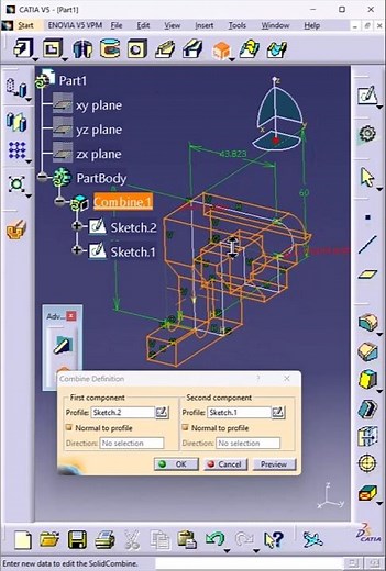Solid Combine in CATIA V5 | Merge Two Sketches into One Solid #shorts #catiav5