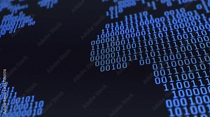 Binary World Map Loop. Moving map of randomized binary 1s and 0s flickering on and off via a blue pixelated LCD screen. Macro, 60fps.