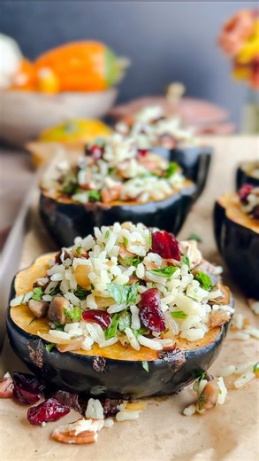Buongiorno!! These stuffed acorn squash beauties are not only delicious,fully customizable and can be made in advance. I wanted to keep them fully vegetarian (or vegan if you use a butter substitute) and oh em gee, they are sensational!!!!! Cook the halved acorn squash at 400 degrees for about 40-45 minutes or until tender when pierced with the tip of a knife and stuff with this delicious sweet, crunchy and savory filling. So good!! To make in advance just assemble all (cooked and stuffed) in a 