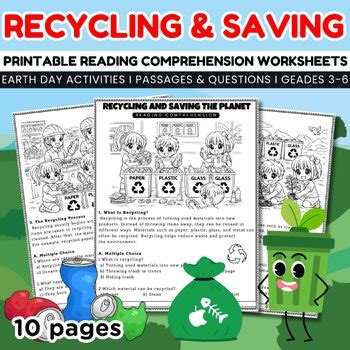 Recycling and Saving the Planet Reading Comprehension Worksheets, Earth Day ELA