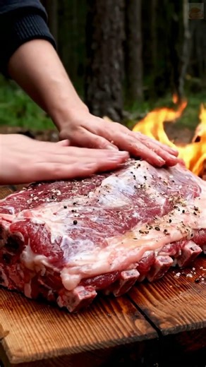 Giant Beef Ribs Roasted Over Open Fire #cooking #nature #camping #asmr #outdoor #food #grill #eating