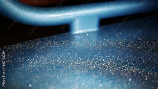 Electrostatic spray painting process on a curved metal surface demonstrating charged paint particles ensuring uniform color coverage under controlled lighting.