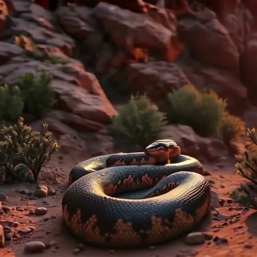 A massive python slithering through a deep rocky canyon at sunse