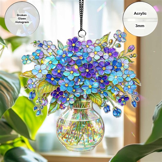 Forget-me-not Bouquet Glass Hologram Acrylic Window Hanging, Floral Decor, Transparent Acrylic Flower Ornament, Gift Idea GHA115VNI0 - Etsy