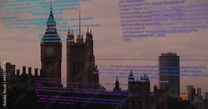 Computer code animation over Big Ben and Houses of Parliament in London