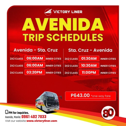 Tara, sakay na! 🚌 Narito ang aming daily trip schedule mula Avenida Manila Terminal. 📍 NOW OPEN: DOROTEO JOSE LRT–AVENIDA Terminal 🕔 Trips available from 5:00 AM to 8:00 PM 📌 Address: No. 833 Rizal Avenue, Sta. Cruz, Manila (malapit sa Doroteo Jose LRT Station) 📩 Para sa karagdagang impormasyon at inquiries: ✉️ Email: info@victoryliner.com 💬 Chat with our Agents via Facebook Messenger: 👉 facebook.com/victorylinerinc #VictoryLiner #BiyahengVictory #AvenidaManilaTerminal | Victory Liner, In