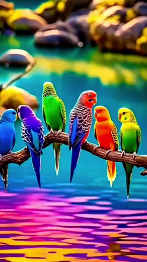 Colorful Birds Among Green Trees & Flowers with Rainbow Reflection | Beautiful Nature Pond Scene 🌈🐦🌿
