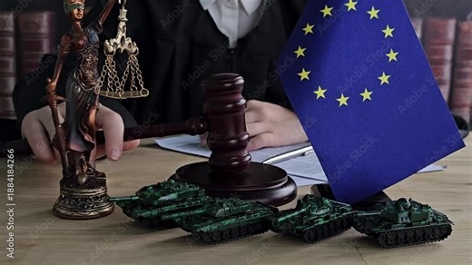 Justice and power symbols in EU context with judge, scales, and military tanks