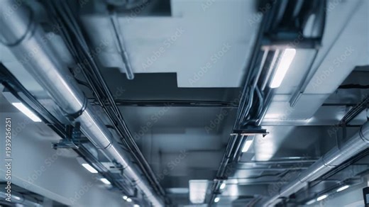 Overhead industrial ceiling with exposed metallic pipes, hvac ducts, electrical wiring and fluorescent lighting creating a modern, technical commercial interior atmosphere