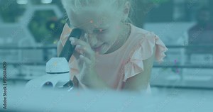 Looking through microscope, child in laboratory with scientific data animation
