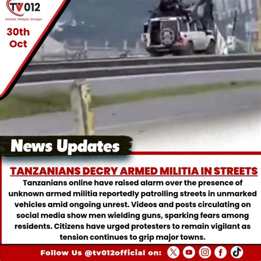 Tanzanians Decry Presence of Armed Militia in Streets Tanzanians online have raised alarm over the presence of unknown armed militia reportedly patrolling streets in unmarked vehicles amid ongoing unrest. Videos and posts circulating on social media show men wielding guns, sparking fears among residents. Citizens have urged protesters to remain vigilant as tension continues to grip major towns. #TanzaniaProtests #BreakingNews #GenZ #SamiaSuluhu #tanzania #SecurityAlert #EastAfrica #tv012newsupda