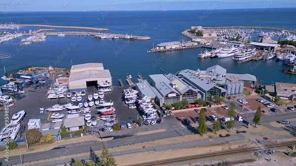 Drone view of Little Creatures Brewery and boat yard at Fremantle harbour, Perth, Western Australia