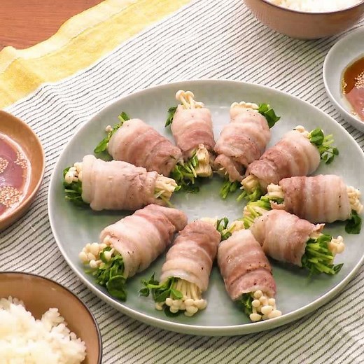 スピードおかず♪ 豆苗とえのきの豚バラ肉巻きのレシピ動画・作り方 | デリッシュキッチン