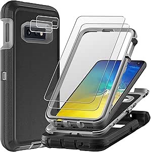 for Samsung Galaxy S10E Case with 2Pcs Nano Explosion-Proof Screen Protector & Camera Lens Protector, 3 in 1 Heavy Duty Shockproof/Drop Proof/Dust Proof Case (Black/Grey)