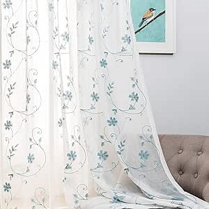 Floral Embroidery Sheer Curtains Blue 63 Inches, Rod Pocket Voile Drapes for Living room, Bedroom, Window Treatments Semi Crinkle Curtain Panels for Yard, Patio, Villa, Parlor, Set of 2, 52"x 63".