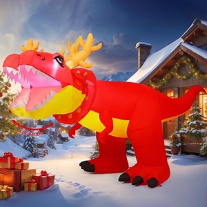 GOOSH Christmas Inflatables 9.5 FT Long Inflatable Christmas Dinosaur Moving Head, Dinosaur Christmas Inflatable with LED Lights, Outdoor Christmas Inflatables Dino Inflatable for Xmas Holiday Party
