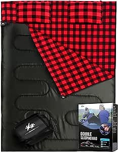 Double Sleeping Bag Flannel for Adults Kids, Queen Size for 2 Person with 2 Pillows, Warm & Cold Weather Sleeping Bag for Camping, Hiking, Waterproof Lightweight with Compression Sack