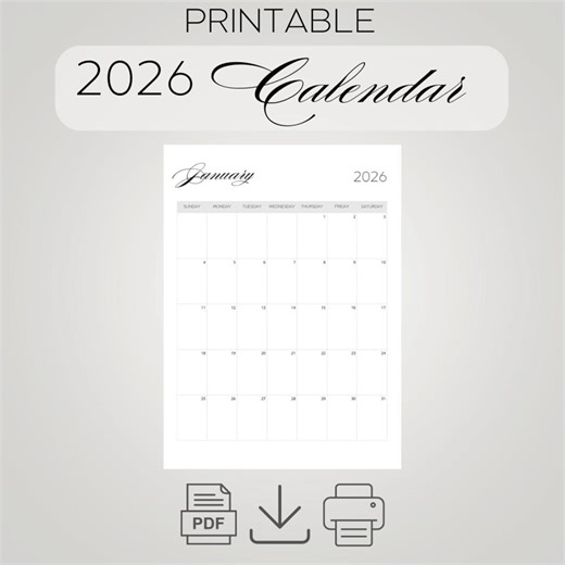 2026 Calendar Printable PDF A4 Monthly Planner Printable 2026 Calendar Elegant 2026 Monthly Calendar Sunday Start US Letter Template - Etsy Australia