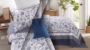 Floral Bedspread 120"x120" Oversized King Bedspread, 100% Cotton California King Quilt with 2 Pillow Shams, Lightweight Garden Quilted Bedspreads Coverlet Set, Blue/White, 3 Pcs
