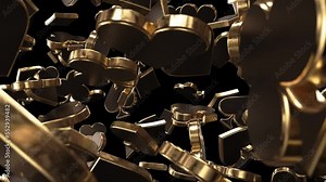 A flythrough animation through an array of black and gold casino card heart, diamond, spade, and club symbols rotating randomly in the air on a dark background