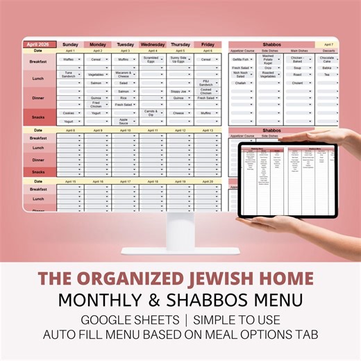 Editable Monthly & Shabbos Meal Plan, Menu Planner, Jewish Planners for Women, GOOGLE SHEETS