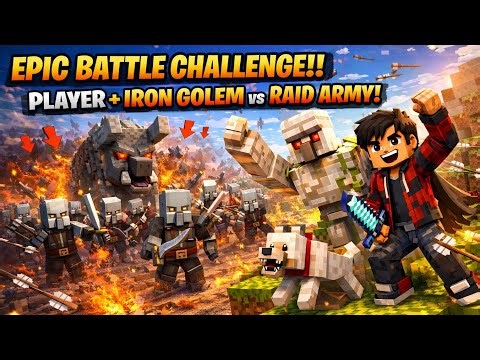 Vindicator, Pillager & Ravager Raid 😱 | Player + Iron Golem Army (Dangerous Fight!)